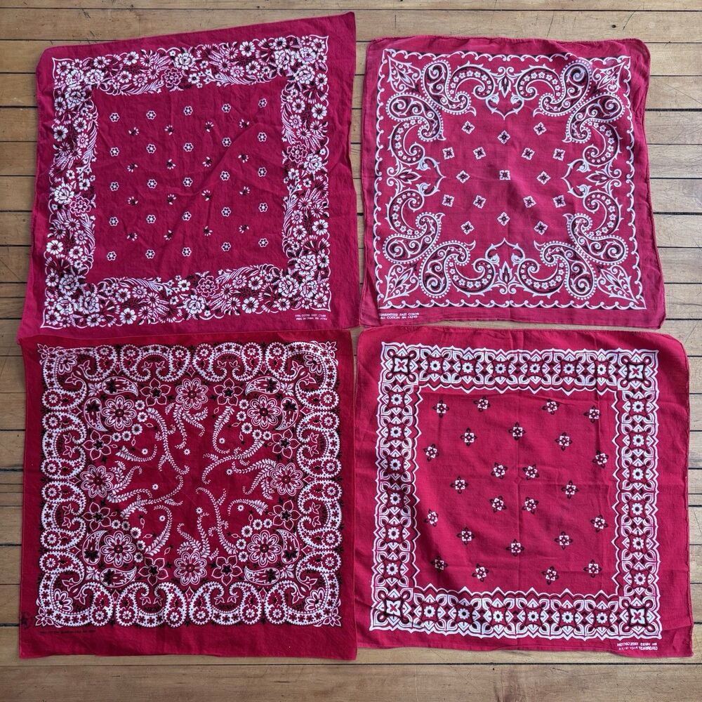 Vtg Lot Of 4 Bandanas Color Fast 60s-80s Handkerchief 100% Cotton Red White